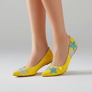 L.L.H Yellow Patent Leather Kitten Heels pointed Toe Glitter Stars Sz 39